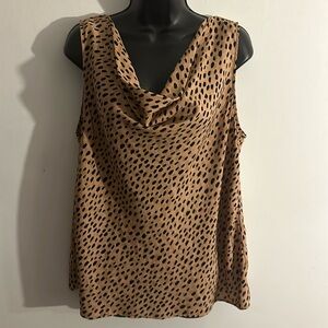 Ann Taylor Factory Tan Sleeveless Cowl Neck Blouse with Black Spot Print